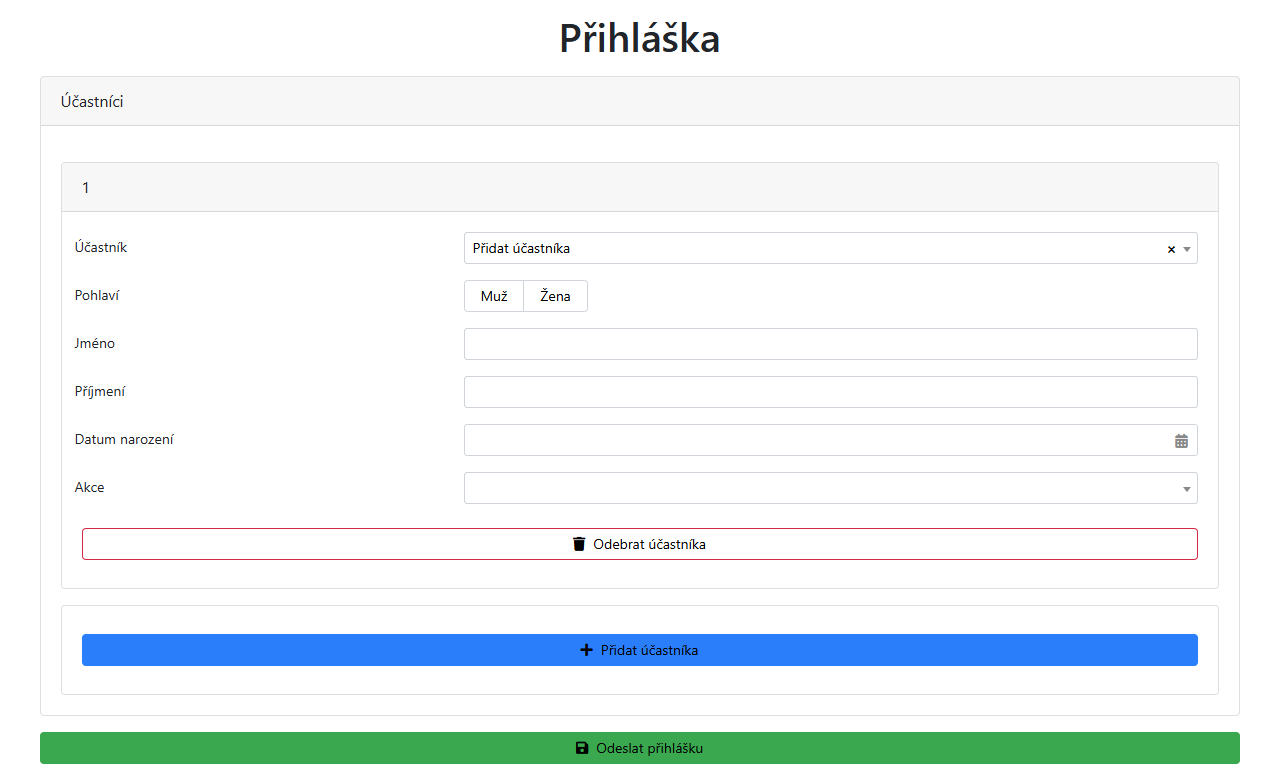 Ukázka administračního rozhraní aplikace KempIS - formulář přihlášky